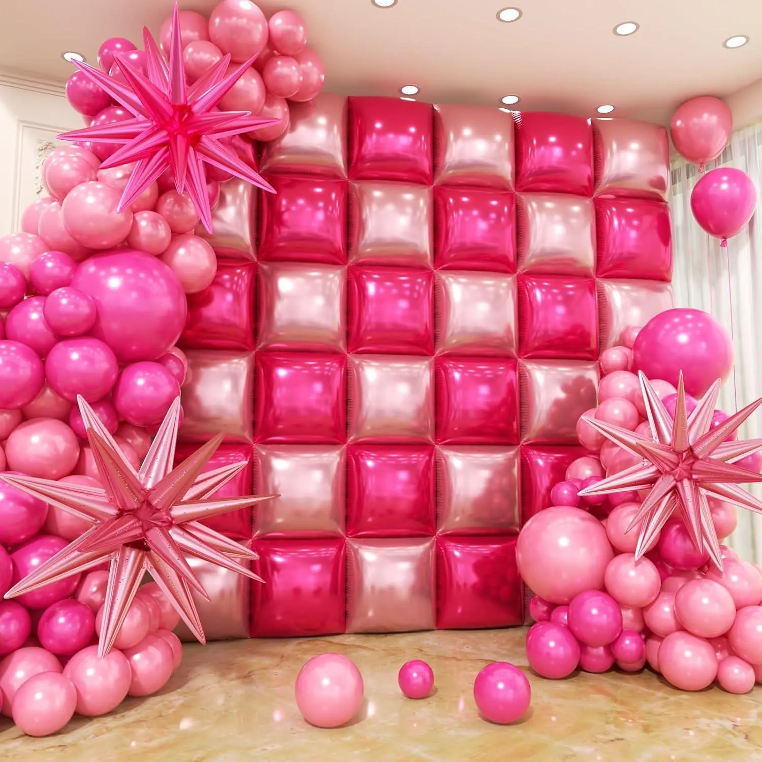 36Pcs Hot Pink And Pink Square Foil Balloons Wall Backdrop With 147Pcs Balloon Garland Arch Kit, Double Sided Balloon Tunnel For Anniversary Bachelorette Birthday Valentines Party Decorations