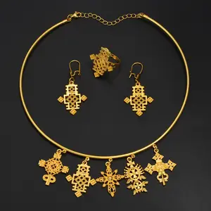 Ethiopian Multiple Cross Choker Necklace Jewelry Set | Matching Earrings & Ring  (24KGP) Eritrean Jewelry Set | ላሊበላ መስቀል Lalibela Meskel | Axum Cross | Gondar Cross | African Jewelry Set