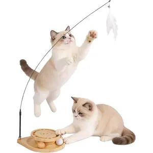 Interactive   for Bored Cats -  Wand & Track Ball, 15 Replacement Heads, 2 Wooden Balls & 1 Bell Ball, Anti-Slip Base, Easy Assembly  Teaser for Kittens & Adult Cats