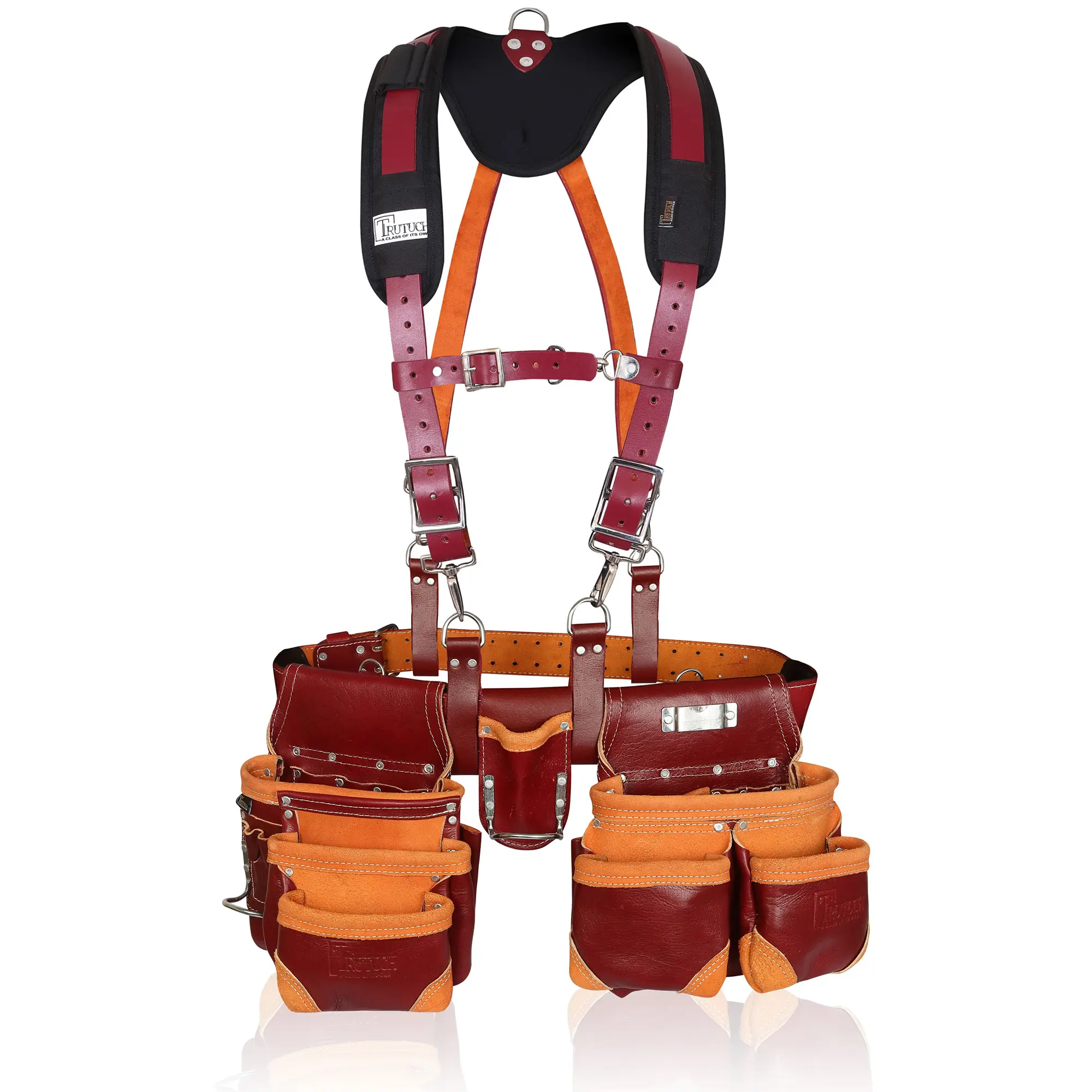 Trutuch Maroon Leather Tool Belt with Pocket Suspender & Tool Pouch Bag - 100% Genuine Grain Leather, 18 Pockets, Comfortable Adjustable Suspenders