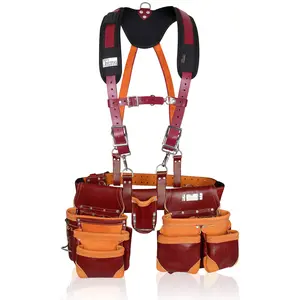 Trutuch Maroon Leather Tool Belt with Pocket Suspender & Tool Pouch Bag - 100% Genuine Grain Leather, 18 Pockets, Comfortable Adjustable Suspenders
