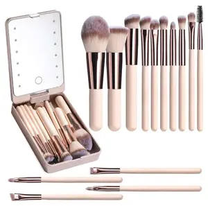 Rose Gold Travel Makeup Brush Kit, LED Mirror Case with Touch Control, Portable & Rechargeable, Type-C Charging, Ideal for On-The-Go Touch-Ups
