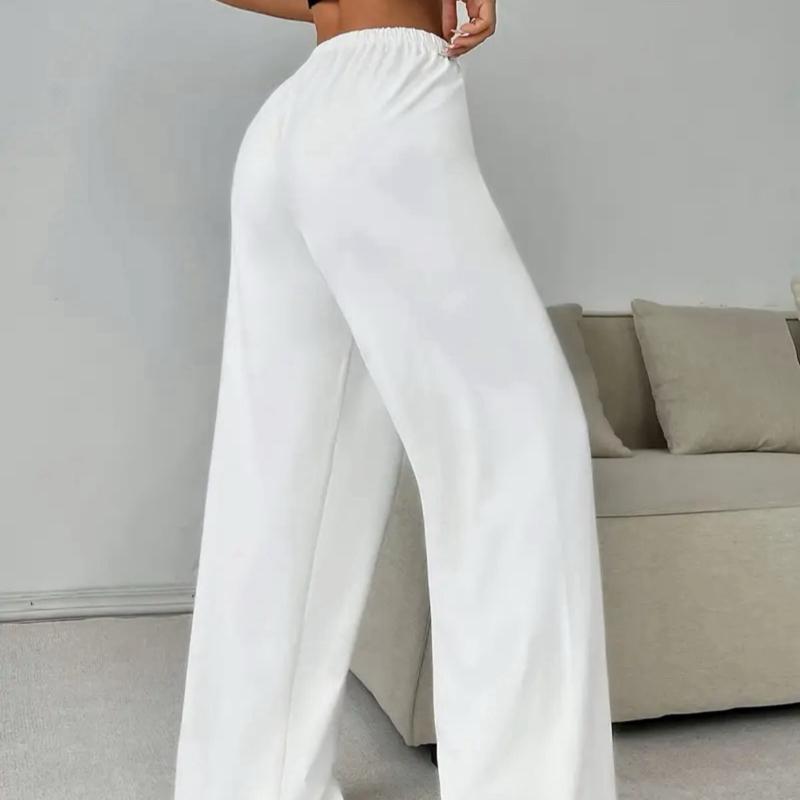 Baggy Wide Leg Lounge Sweatpants - White Comfortable Elastic Waist Women's Casual Pants for Everyday Wear