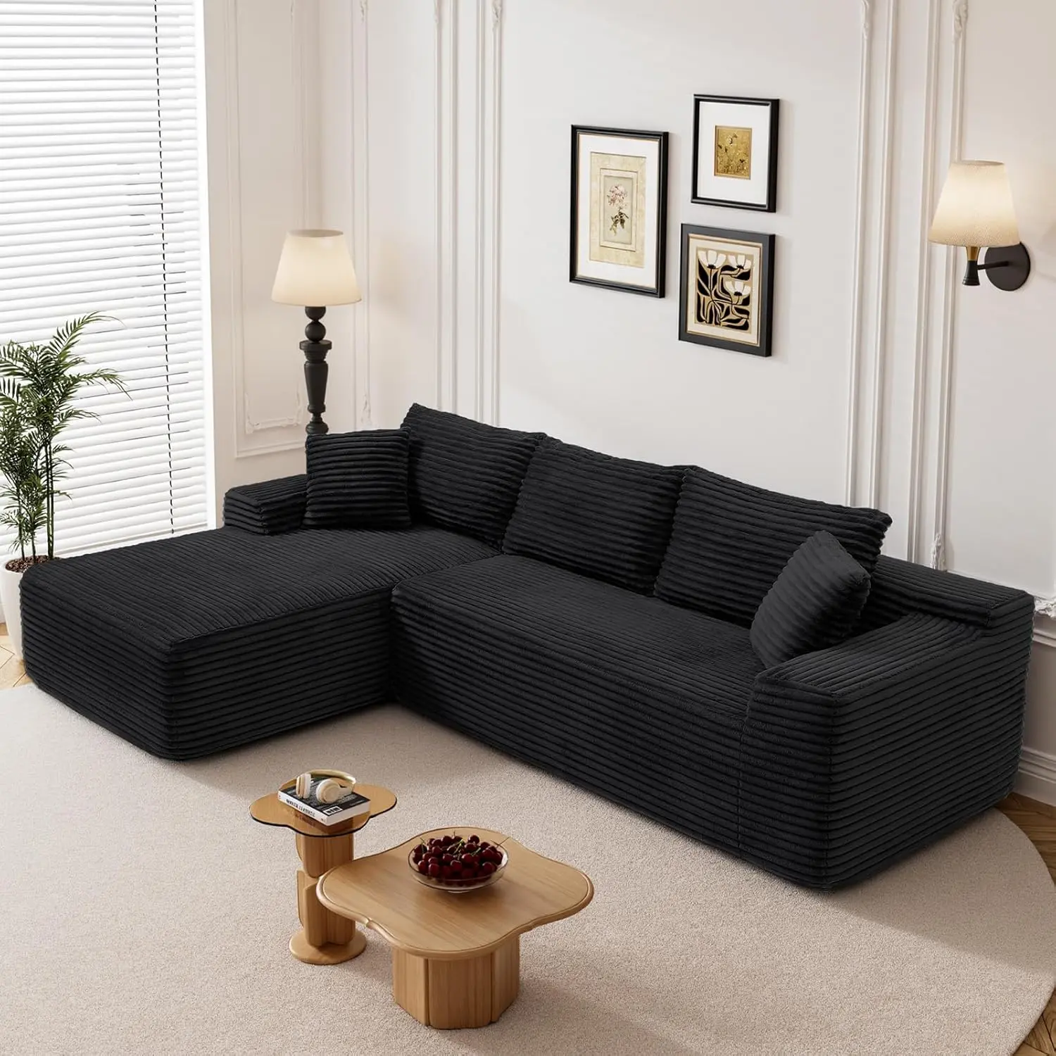 95" Boneless Cloud Sectional Couches for Living Room, Comfy Fluffy L Shaped Memory Foam Deep Seat Boneless Couch, Modular Sectional Sofa with Left Facing Chaise, Black