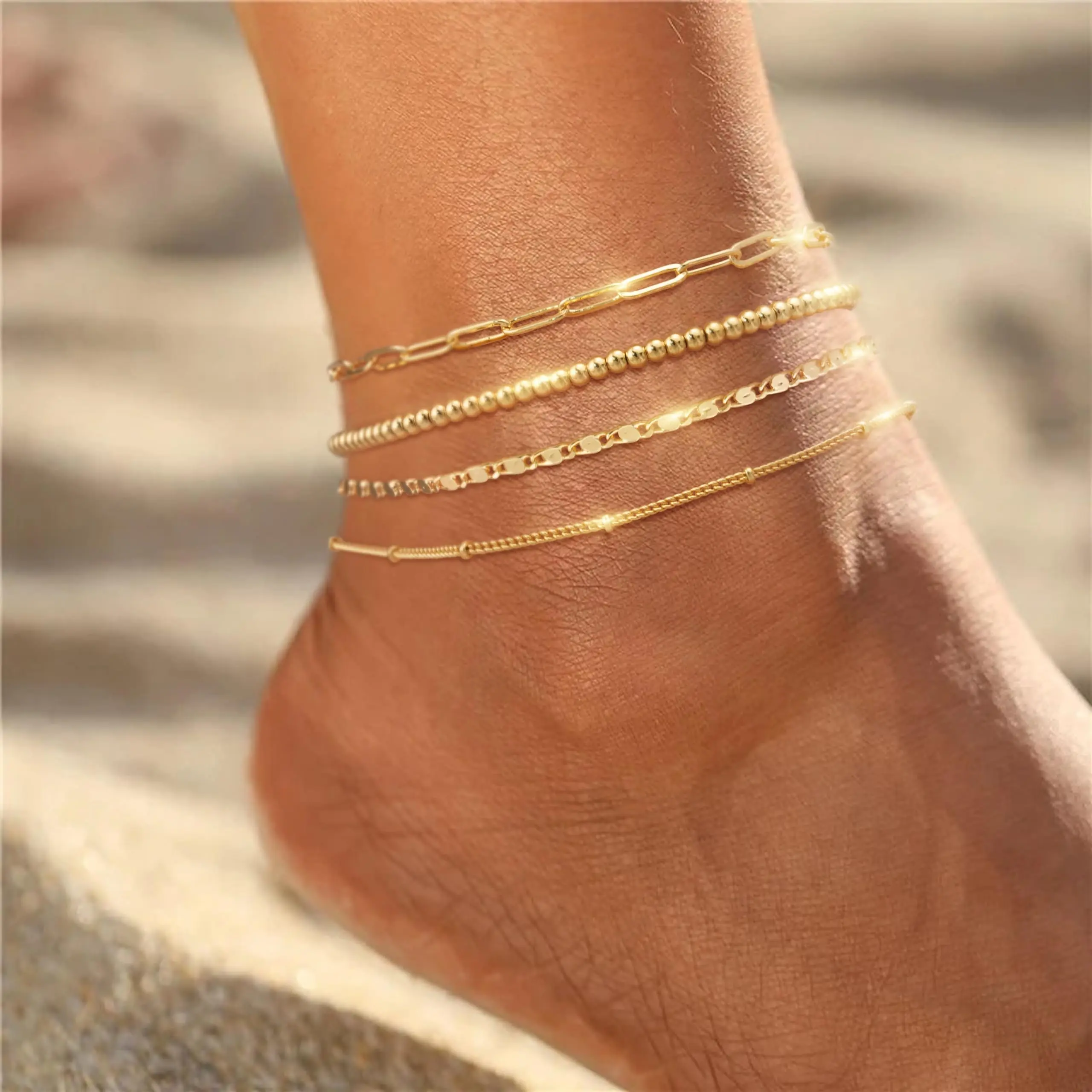 KOPERIN 4pcs Gold Ankle Bracelets for Women, 14k Gold Plated Waterproof Cuban Link Chain Anklets Set, Layered Anklet Bracelets for Women Beach Gift Adjustable Size