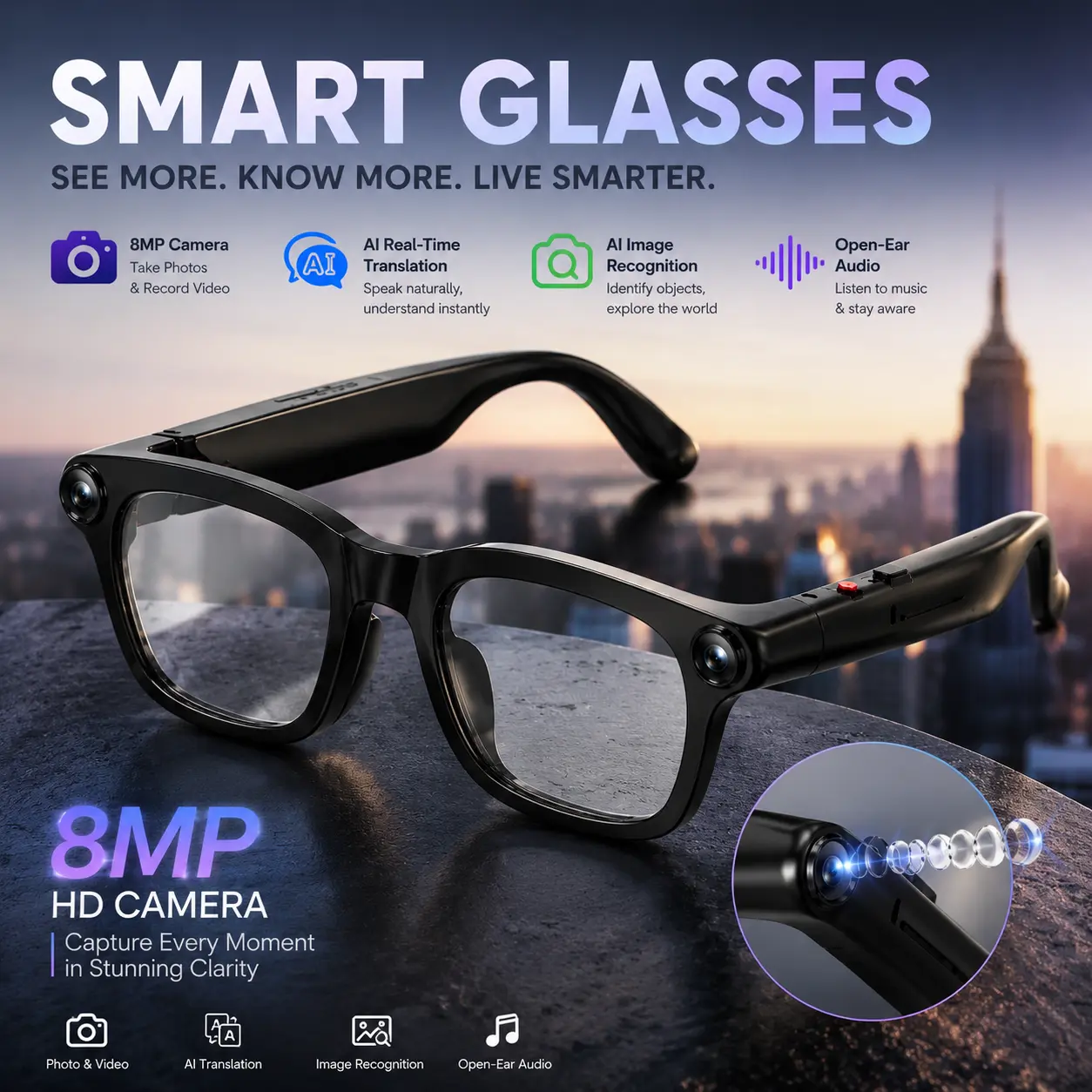 Al Smart Glasses with 4K Hands-Free Recording Real-Time Translation 8MPCamera &1080PVideoRecording, Photochromic Lenses, Voice Assistant, SmartWear Detection touch button control pro