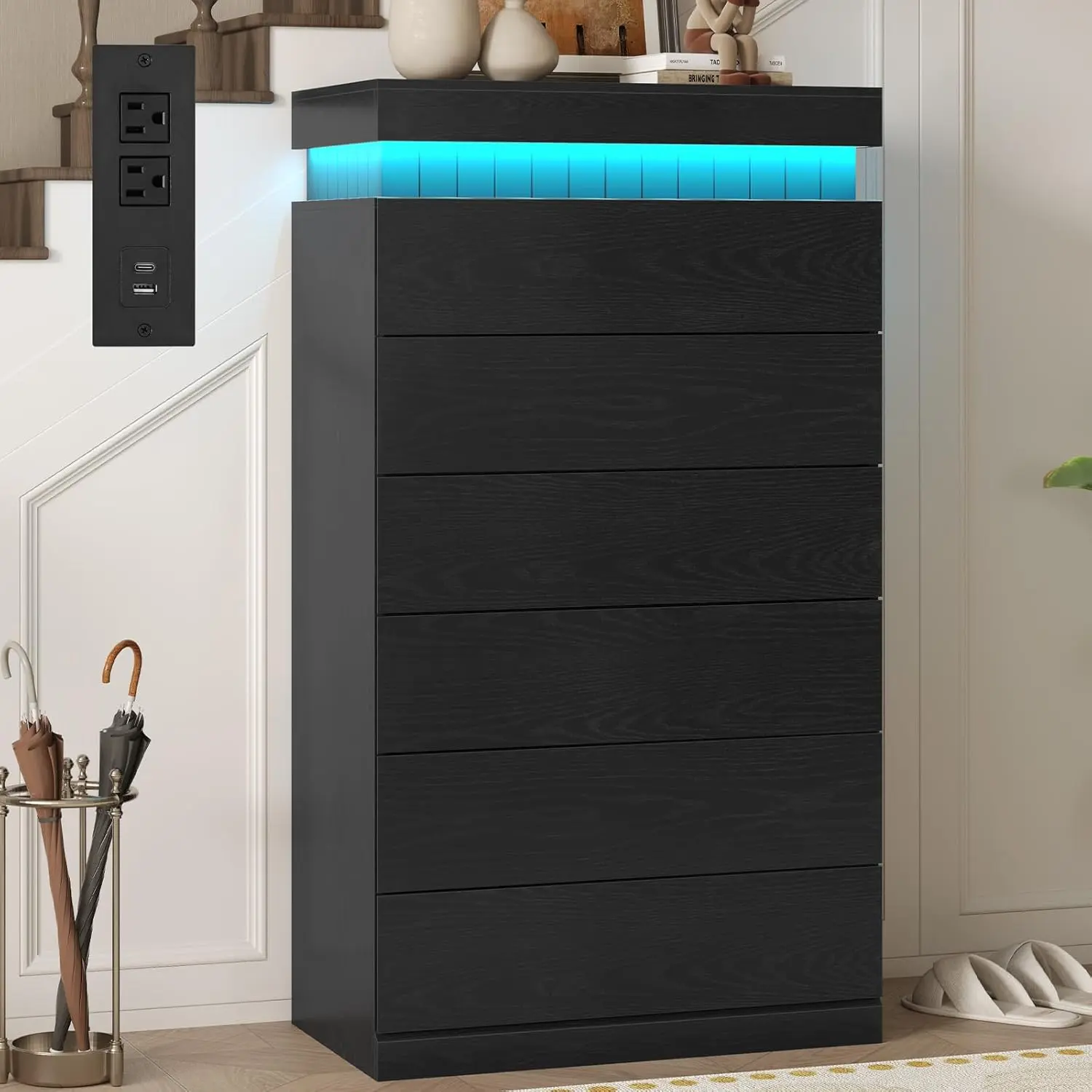 SIKAIC Modern Wood Tall 6 Drawers Dresser for Bedroom, Patented Sliding Top Chest with RGB LED Lights and Power Outlet, Easy to Assemble