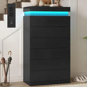 SIKAIC Modern Wood Tall 6 Drawers Dresser for Bedroom, Patented Sliding Top Chest with RGB LED Lights and Power Outlet, Easy to Assemble