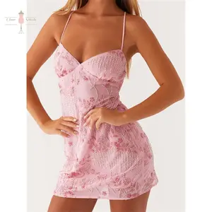 Women Mini Dress Sequins Flower Embroidery Sleeveless Cami Dress Summer Cross Backless Spaghetti Strap Dress Casual Polyester Womenswear Check Light Orange Formal