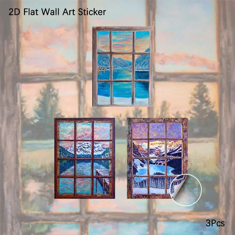 2D Flat Wall Art, 3Pcs PVC Self-Adhesive Framed Wallpaper Sticker, Vintage Window View Snow Mountain Lake Oil Painting Wall Decals, Aesthetic Winter Scenery Wall Decor for Living Room, Bedroom, Perfect Gift for Travel Lovers, Home Decor Fans