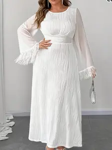 Plus Size Round Neck Ruched Waist Long Dress, Fringe Bell Sleeve Textured Chiffon Dress, Women's Fashion Clothing, Womenswear