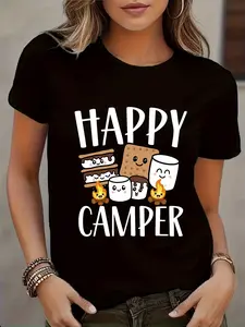 100% Cotton Women's Casual Graphic T-Shirt - Happy Camper Print with S'mores & Camping Motifs, Breathable Short Sleeve Round Neck Tee, Machine Washable Regular Fit for Outdoor Enthusiasts, Camper Accessories, Playful Print Top,
