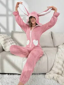 Women's Heart Pattern 3D Rabbit Ear Design Loung Hooded Onesie, Cute Zipper Long Sleeve Sleepwear, Casual Comfy Sleepwear for Fall & Winter