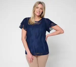 Susan Graver Lace Flutter Sleeve Scoop Neck Top with Camisole
