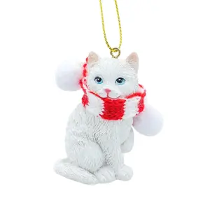 White Tabby Shorthaired Kitty Cat Christmas Tree Ornament with Candy Cane Scarf