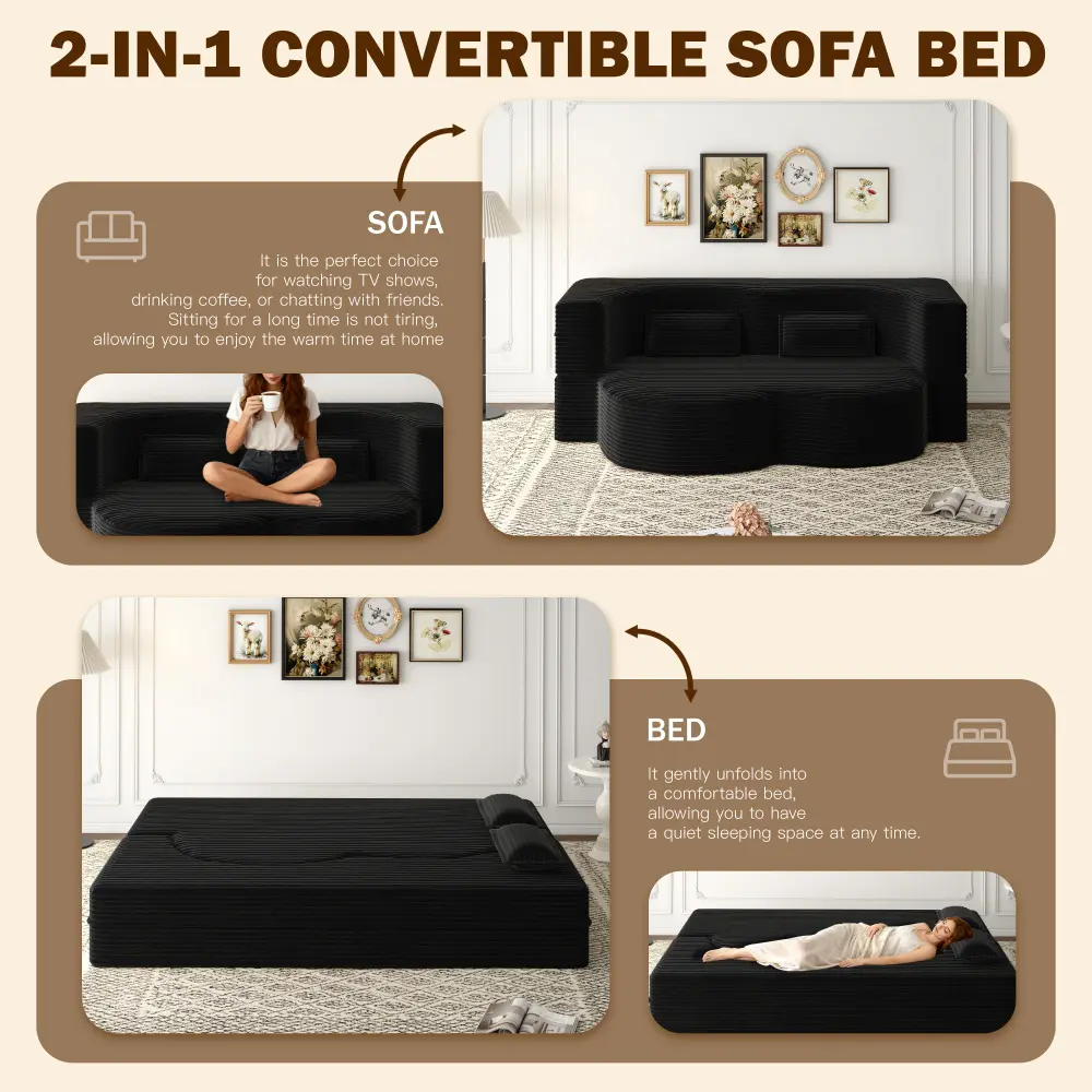 Modern Floor Sofa with 2 Pillows, Convertible Corduroy Fabric Foam-Filled Sleeper Sofa Bed, 15" Twin Size Folding Mattress for Living Room, Guest Bed, Playroom, no Assembly Required Modern Floor Sofa with 2 Pillows, Convertible Corduroy Fabric Foam-Filled Sleeper Sofa Bed, 15" Twin Size Folding Mattress for Living Room, Guest Bed, Playroom, no Assembly Required