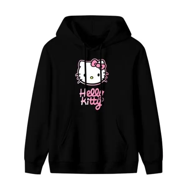 Sanrio Hello Kitty Black Hoodie, Casual Long Sleeve Pullover Hooded Sweatshirt Daily Wear Gift for Girls Teens Women