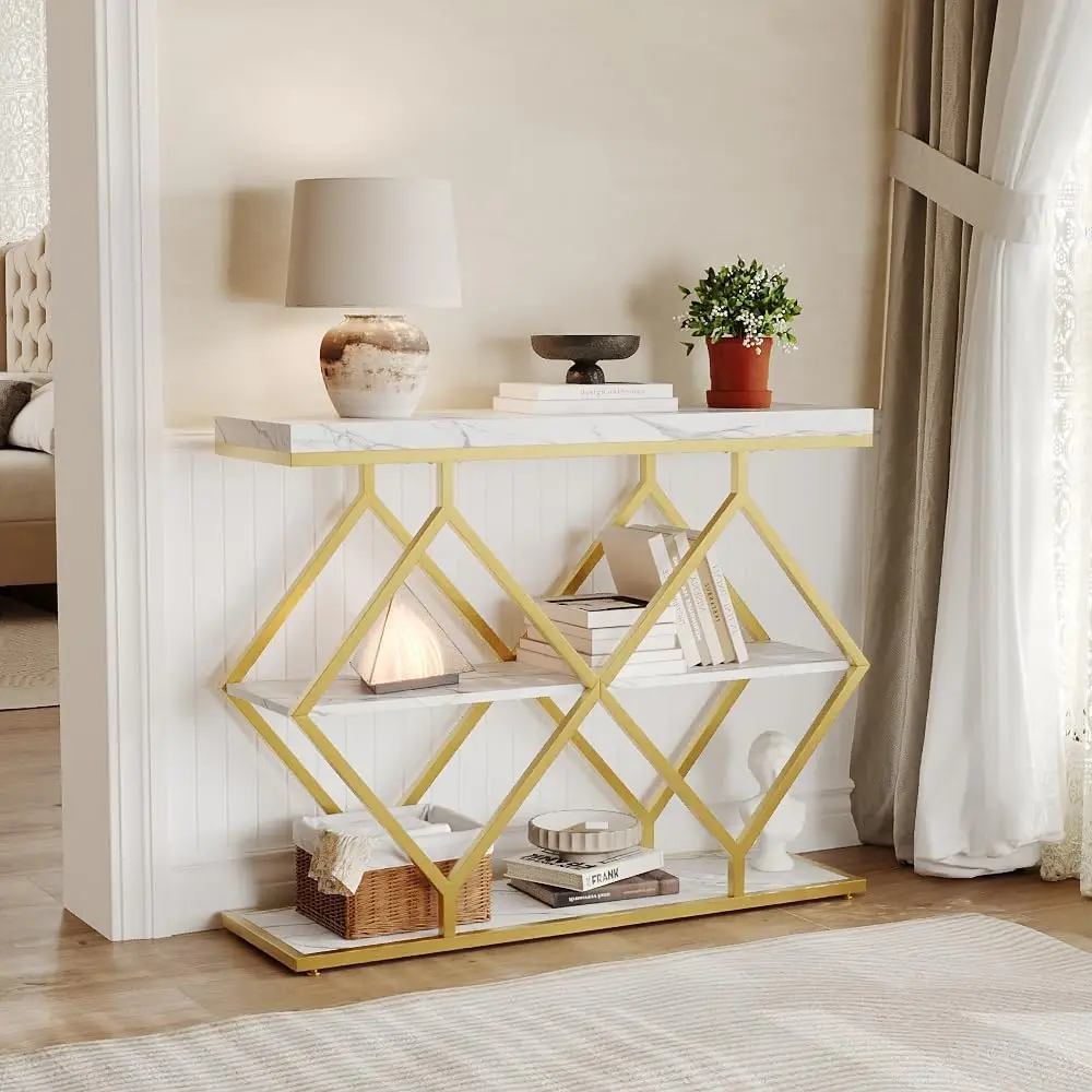 GAOMON 3-Tier Open Shelf Console Table, Diamond Shaped Metal Frame Entryway Table, Rustic Wood Top Accent Sofa Table for Hallway Foyer Living Room,White,dorm essentials,home decor