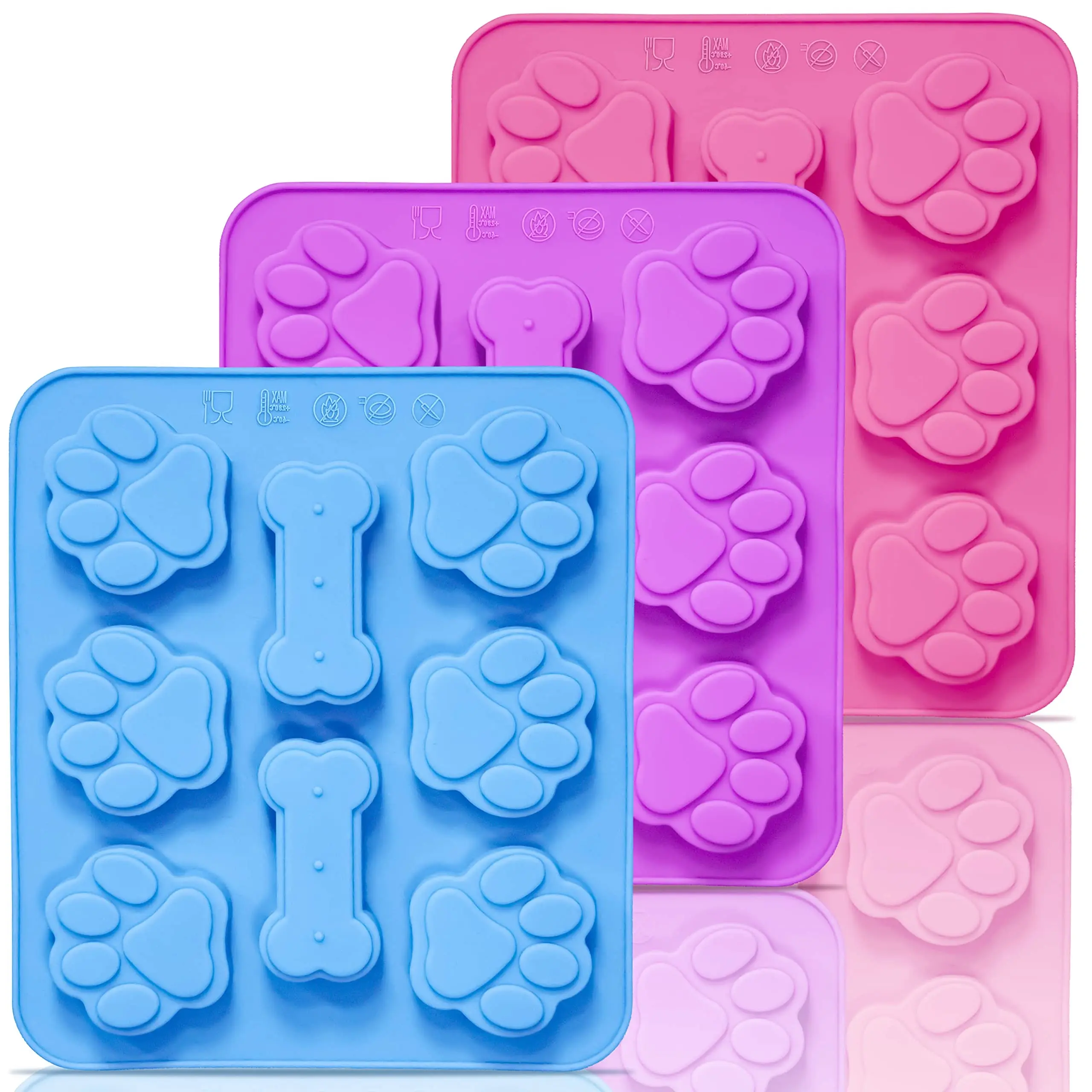 Set of 3 Dog Paw and Bone Silicone Treat Molds 2-in-1 Design, Non-Stick Flexible Baking Trays for Homemade Dog Snacks, Ice Cubes, Candy, Pudding & Chocolate