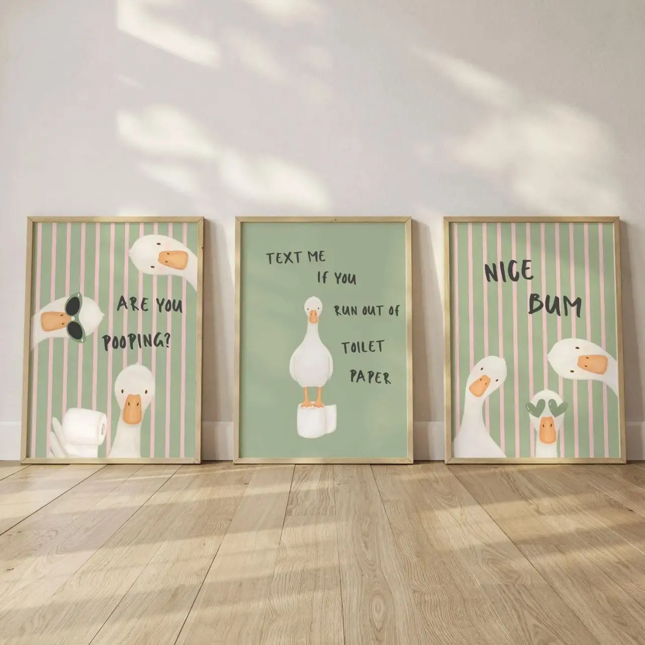 Funny Goose Bathroom Print Set of 3, Green Pink Stripes Pooping Wall Art, Nice Bum Bathroom Decor |Framless Poster G