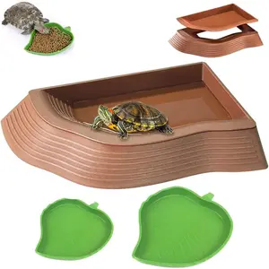 3 Pcs Brown Tortoise Water Dish with Ramp Leaf Reptile Water Food Bowls Amphibians Habitat Accessories for Lizard Turtle Horned Frog