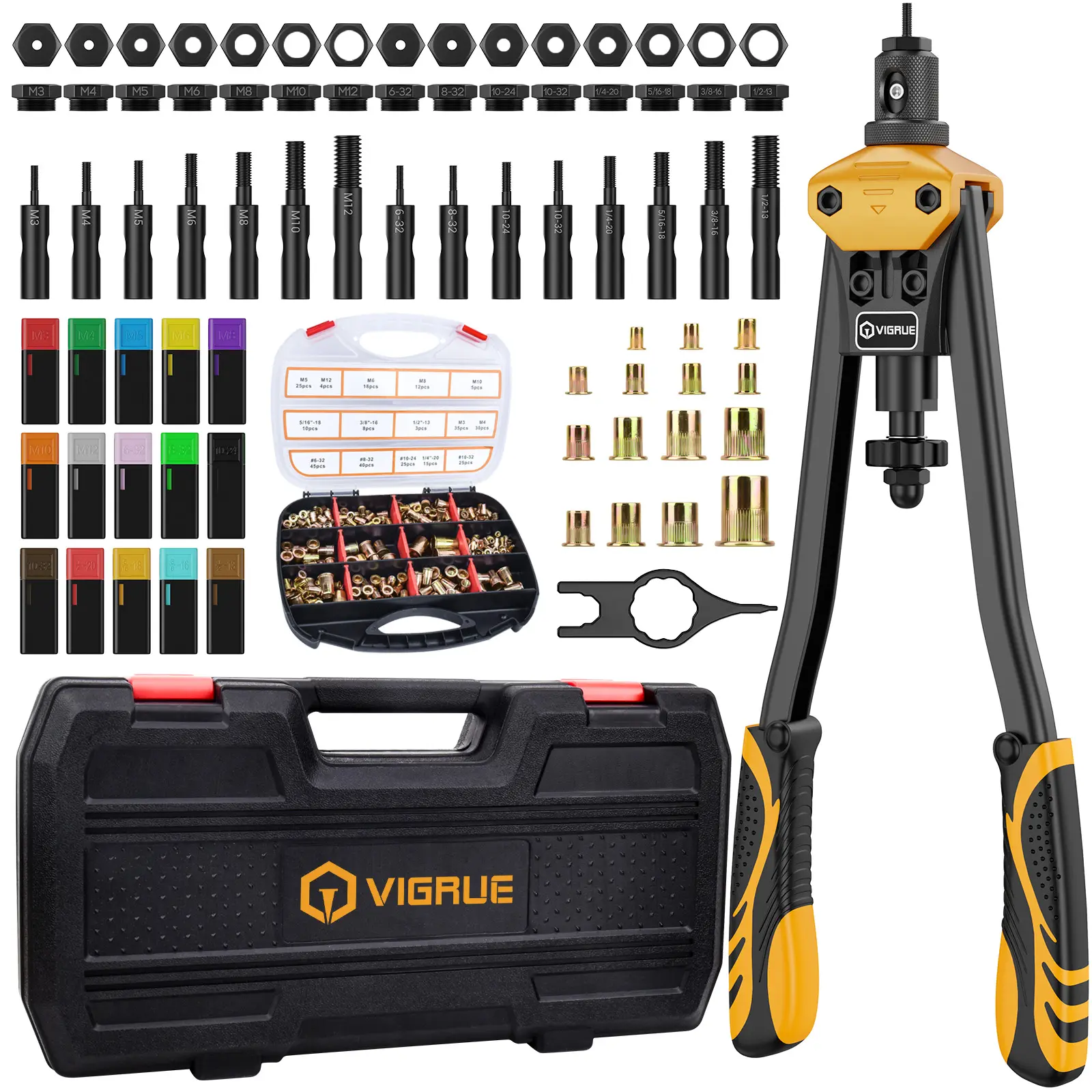 VIGRUE 16'' Rivet Nut Tool Kit with 15PCS Metric & Inch Mandrels M3 to M12, 6-32 to 1/2-13, and 300PCS Metric & SAE Rivet Nuts Assortment Hardware Portable Hand Tools Tool Box