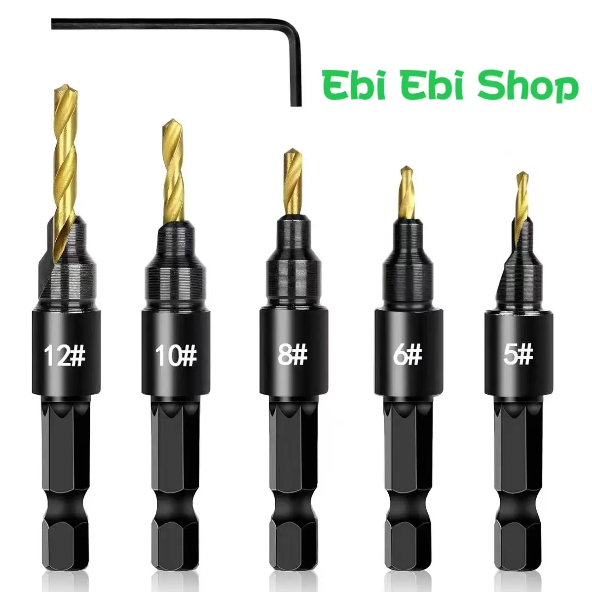 Countersink Drill Bit Set, 5 PCS Counter Sink Drill Bit Adjustable,#5,#6,#8,#10,#12, Used for Wood Countersink Drill Bit with Depth Stop