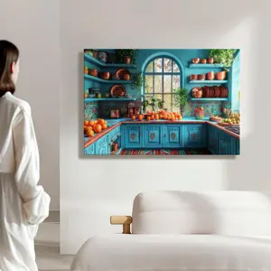 Mexican Christmas Decorations, Blue Kitchen Kitchen Interior, Orange Fruit Arrangement, Blue Cabinets - Modern Kitchen, Traditional Elements, Warm Lighting Style, Wall Decor Poster for Room, Wood Framed Canvas Painting Photo Ornaments Artwork Gifts 1pc