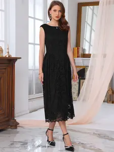 INSPIRE CHIC Women's Wedding Guest Lace Dress Boat Neck Vintage Formal Evening Cocktail Midi Dresses Black