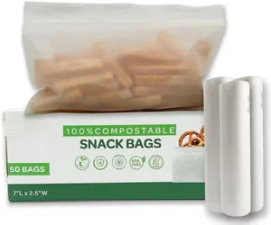 FPN Compostable Snack Bags, 7L x 2.5W inches, 200 Count, BPA Free Food Storage Bags | Durable, Leakproof, Freezer-Safe, and Reusable