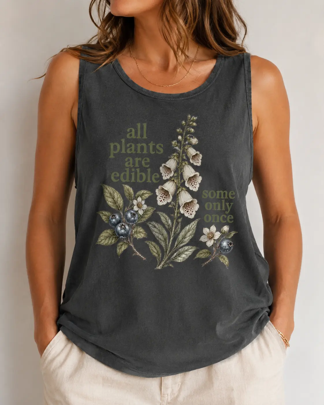Comfort Colors All Plants Are Edible Some Only Once Tank Top, Funny Botanical Foraging Tank, Dark Humor Cottage Shirt, Vintage Gardener Gift