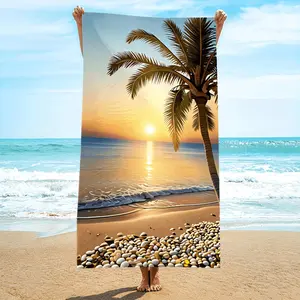 1pc Pack, Microfiber, Beach Towel with Seaside Sunset, Coconut Trees, and Beach Pattern, Quick-Dry Microfiber, Strong Wrap Design, Suitable for Beach and Pool Use, Beach
