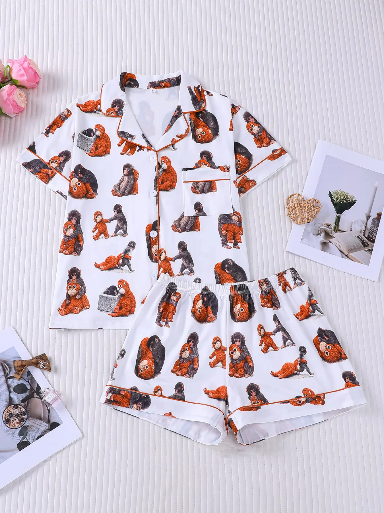 2 Piece Women's Lady Cute Cartoon Gorilla Monkey Print Pajamas Set, Summer Button Down Collar Short Sleeve Shirt & Shorts Loungewear, Soft Comfy Sleepwear with Chest Pocket & Elastic Waist, Casual All-Season Homewear for Daily Relaxation Pjs Womenswear