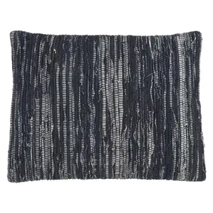 SARO Decorative Accent Down-Filled Throw Pillow, 16x23 in. Rectangular Chindi Weaving Rag Design, Navy Blue for Armchair, Cold Wash Compatible