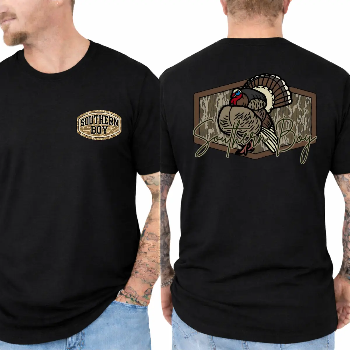 Turkey Hunting Shirt - Front And Back Print With Wild Turkey Pair, Woodland Camouflage Badge And Country Outdoor Graphic, Vintage Hunting T-Shirt For Men, Fall Hunting Season Outfit, Turkey Camp Tee, Gift For Hunters, Outdoorsmen And Wildlife Lovers Top