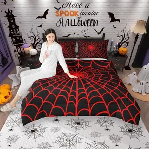 Spider Web Kids Comforter Set,Happy Halloween Geometric Abstract Bedding Set,Boys Girls Women Men Room Decor,Happy Halloween Holiday Down Comforter,Red Black Duvet Insert
