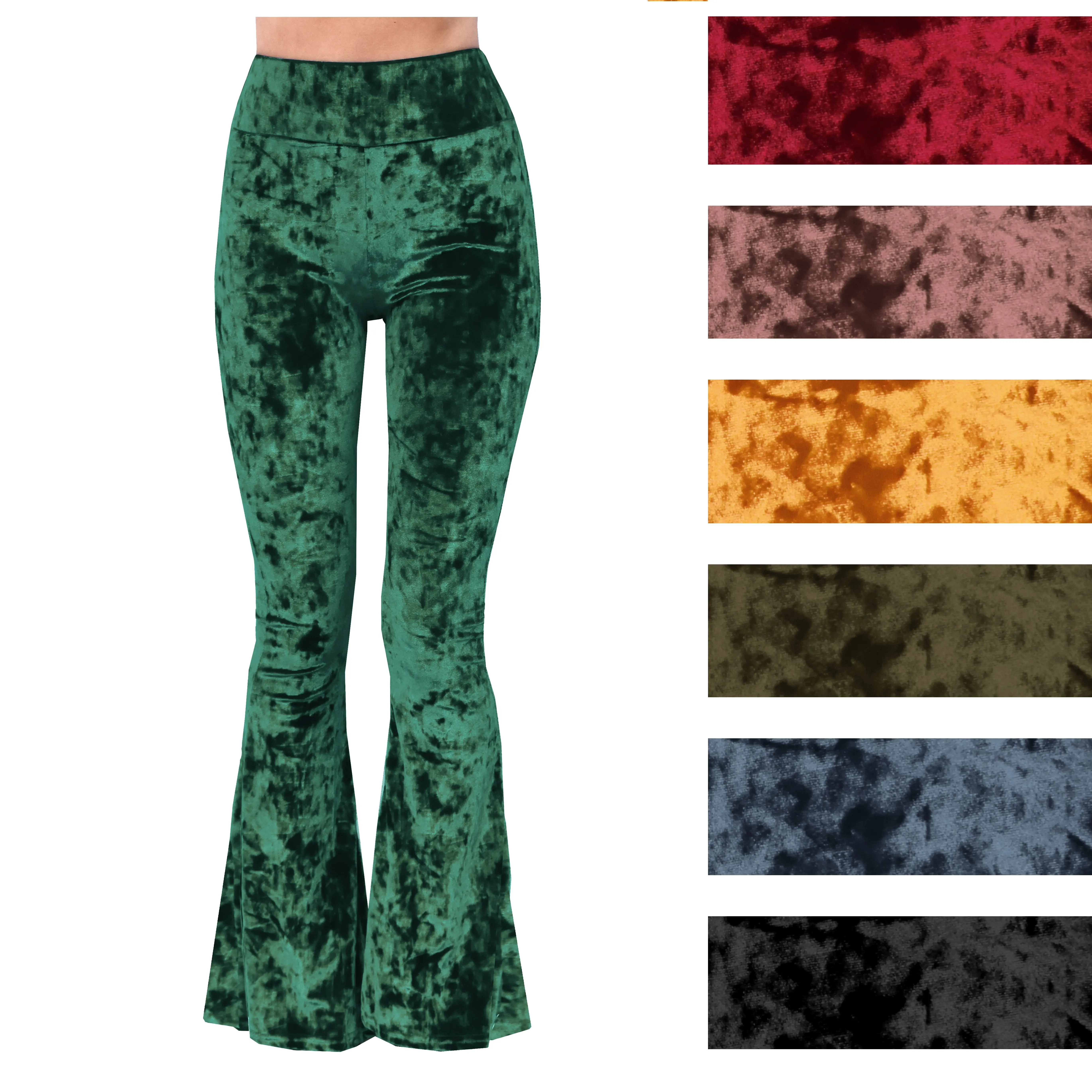 Daisy Del Sol Crushed Velvet Bell Bottom Flare Stretch Knit High Waisted Rise 70s Hippie Gypsy Bohemian Festival Halloween Witch Holiday Legging Pants