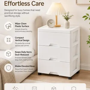3-Drawer Plastic Storage Cabinet, Modern storage cabinet, features dustproof design, smooth surface, white style, suitable for storing bedroom and office essentials, clear front for easy viewing