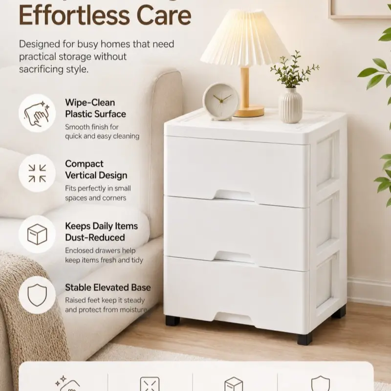 3-Drawer Plastic Storage Cabinet, Nightstand Cabinet, Home Office Furniture, Drawers And Storage, Features thickened dustproof design, smooth surface, white style, suitable for storing home office essentials, bedroom storage