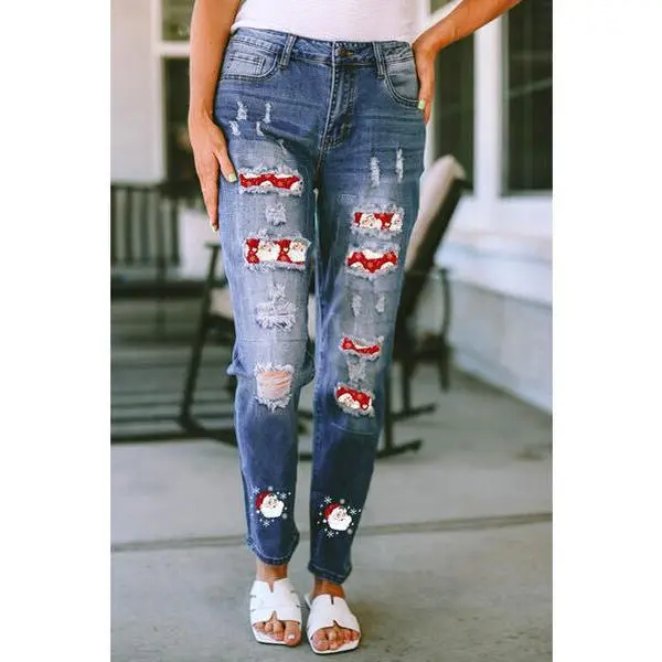 Santa Graphic Distressed Jeans with Pockets