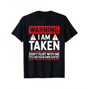 Men's Funny Taken Husband Warning T-Shirt - Don't Flirt with Me Graphic - Black with Red/White Caution Signs - Married Status Apparel - Regular Fit Casual Everyday - Machine Washable All-Season Top, Humorous Husband Gift Tshirt