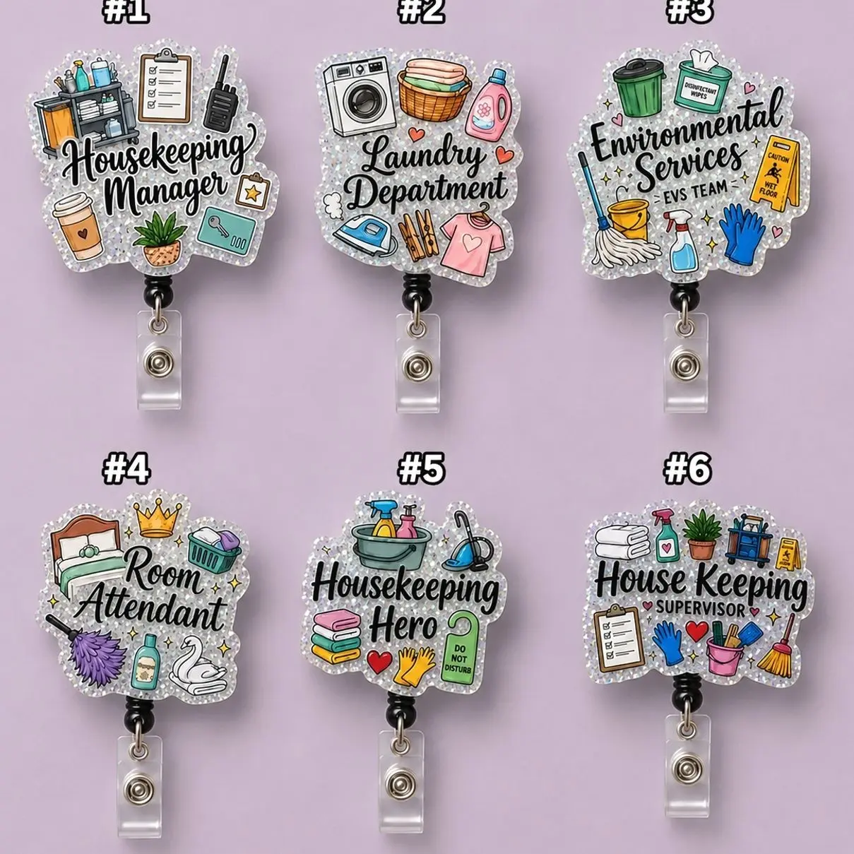 Badge Reels for Custodians, Cute Acrylic Custodian Janitor ID Badge Holder, Retractable Swivel Clip School Staff Appreciation Gift