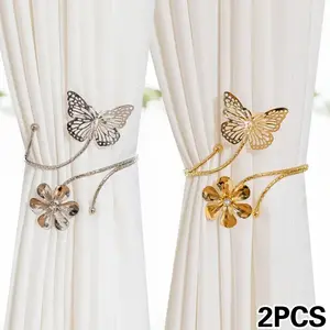 2 Piece Set Butterfly & Flower Metal Curtain Holdbacks Window Decorations Supplies, Modern No Drill Adjustable Hanging Rope for Living Room Bedroom Office Decor