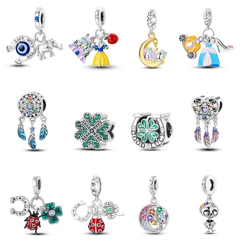 MULA Lucky Charm Set with Evil Eye Elephant Four Leaf Clover Dreamcatcher & Ladybug, S925 Silver Plated, Colorful CZ Dangle Beads, Fits Most Bracelets & Necklaces, Gift for Her, Good Luck, DIY Jewelry