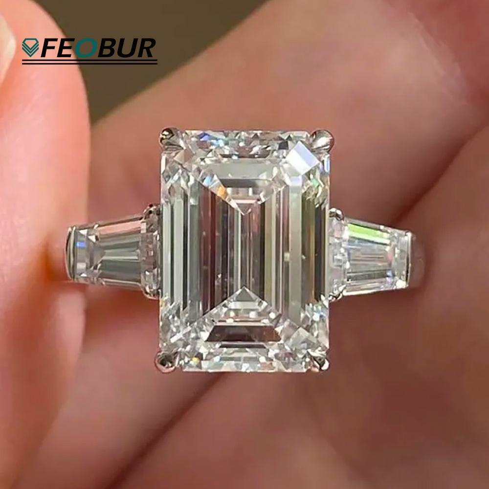 5CT 10CT Emerald Cut Moissanite Rings for Women 925 Sterling Silver Baguette 3-Stone Diamond Engagement Wedding Band Jewelry GRA