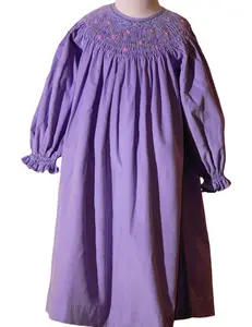 Purple Corduroy Geo Smocked With Roses Long Sleeve Bishop Dress