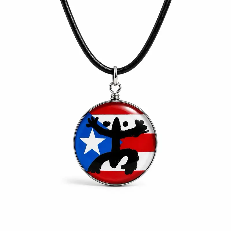 Puerto Rican Flag Coquí Taino Glass Necklace Boricua Jewelry Puerto Rico Heritage Pendant Double Sided Glass Pendant Necklace