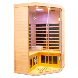 Two persons large glass front deluxe transparent version Hemlock far infrared corner sauna room,Smart APP Control 2-3 Person Ultra Low EMF (0-5mG) Far Infrared Sauna for Home, 1520W Hemlock Wood Sauna Room with Bluetooth Speaker & Chromotherapy Lights, LC
