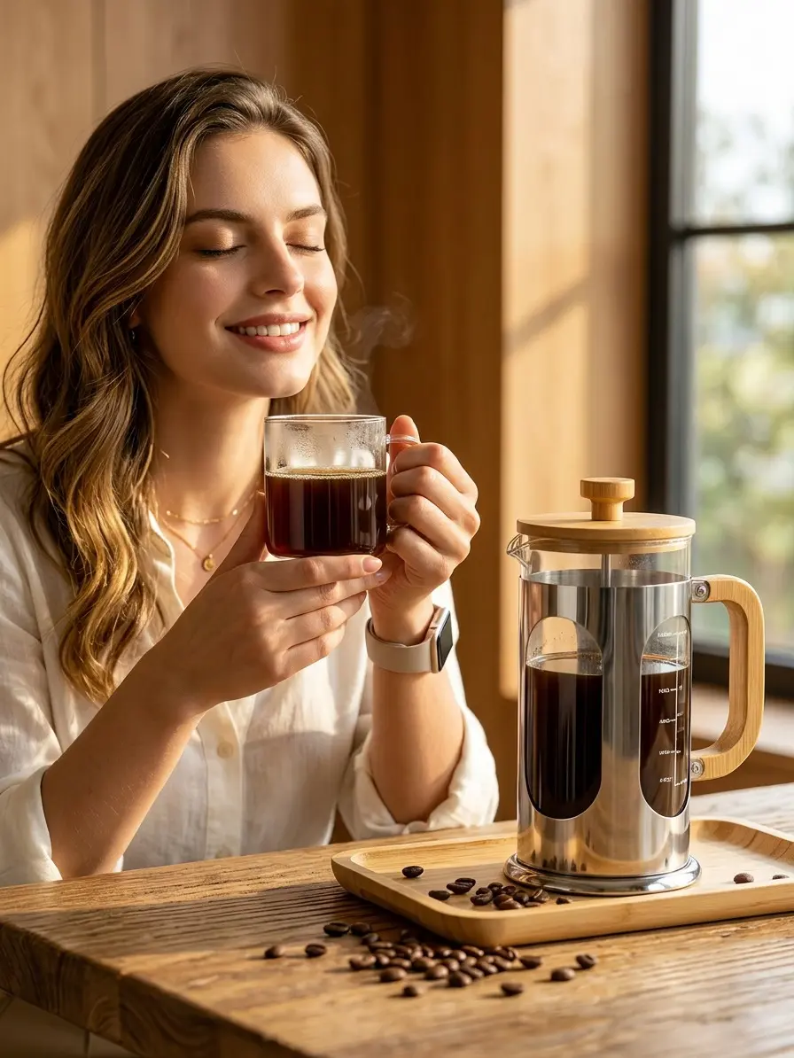Sivaphe Thermal Wooden French Press - 1000ml/34oz 8-Cup Borosilicate Glass Cafetiere, Natural Bamboo Handle Lid, Plastic-Free Stainless Steel Filter Plunger for Coffee Making, French Press Stainless Steel