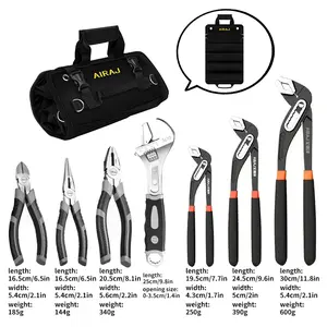 AIRAJ 8-Piece Tool Set with Portable Roll Bag 6/8-Inch Diagonal Pliers Pointed-Nose Pliers Universal Wire Cutters 8/10/12-Inch Large-Opening Pipe Pliers & 10-Inch Adjustable Wrench Hand Tools